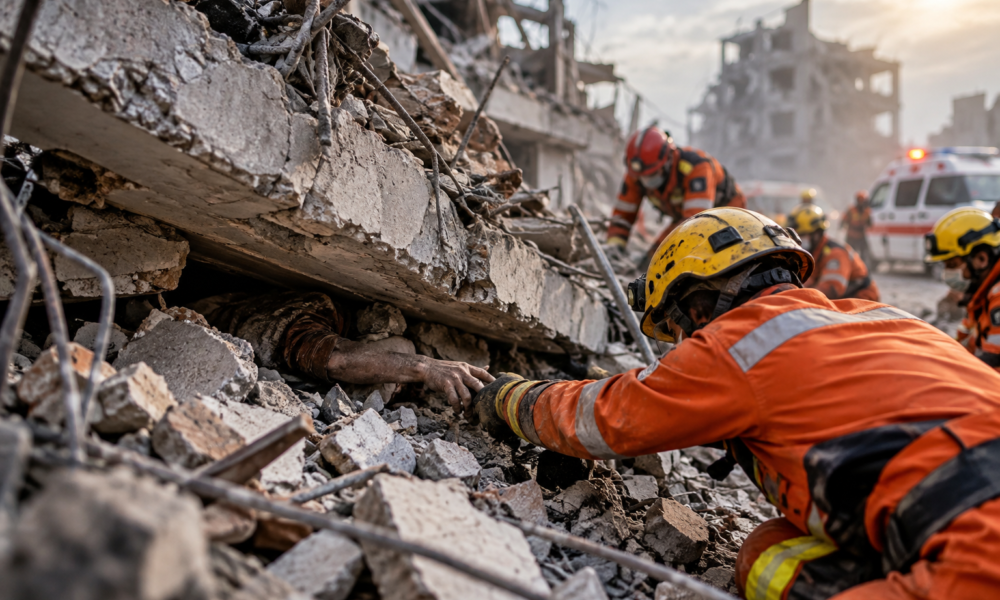 Photojournalistic rescue scene showing emergency responders searching through collapsed building debris and assisting a trapped survivor.