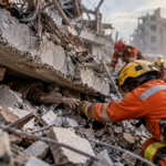 Photojournalistic rescue scene showing emergency responders searching through collapsed building debris and assisting a trapped survivor.