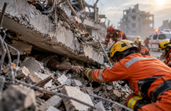 Photojournalistic rescue scene showing emergency responders searching through collapsed building debris and assisting a trapped survivor.