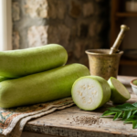 Fresh bottle gourd and sliced lauki arranged on a kitchen board.