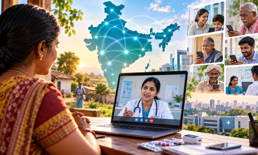 Doctor conducting an online telemedicine consultation with a patient in India.