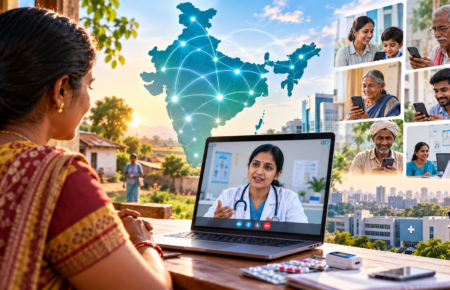 Doctor conducting an online telemedicine consultation with a patient in India.