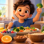 A balanced meal with vegetables, lentils and fruit for a child