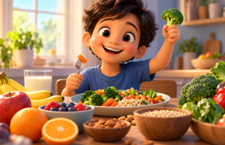 A balanced meal with vegetables, lentils and fruit for a child
