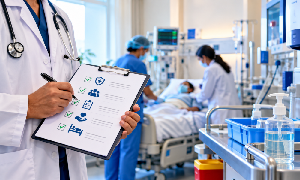 Doctors and nurses discussing patient safety procedures in a hospital