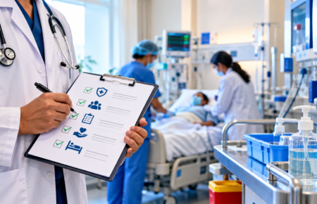 Doctors and nurses discussing patient safety procedures in a hospital