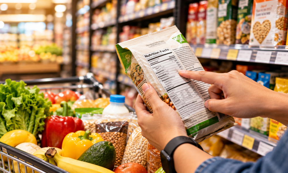Shopper examining the nutrition information on a packaged food product in a supermarket