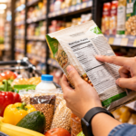 Shopper examining the nutrition information on a packaged food product in a supermarket