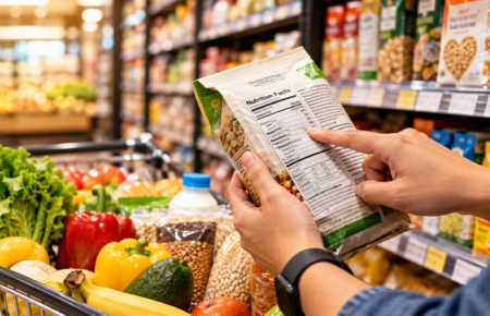 Shopper examining the nutrition information on a packaged food product in a supermarket