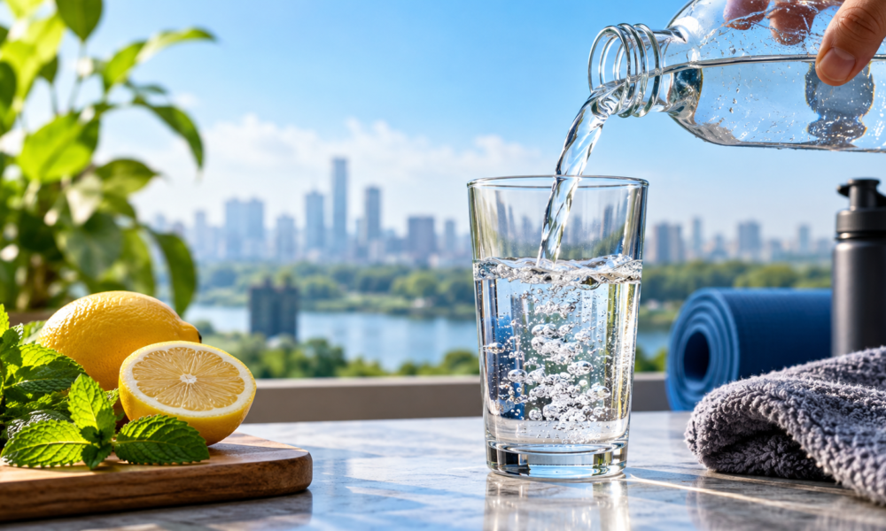 Glass of drinking water beside fresh fruit on a table