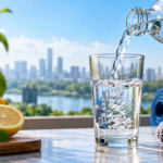 Glass of drinking water beside fresh fruit on a table