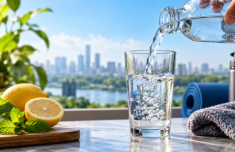 Glass of drinking water beside fresh fruit on a table
